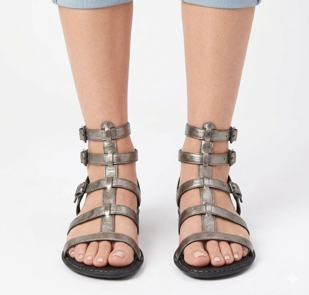 Born Bragg Metallic Pewter Leather Gladiator Sandals Women's Size 9 W22190 EUC